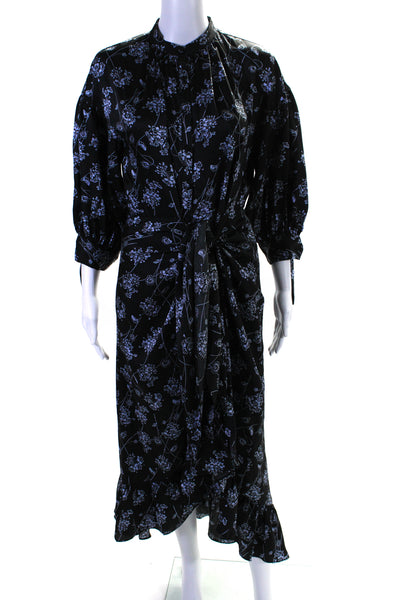 Cinq A Sept Womens Floral Print Button Down Wrap Dress Black Blue Size 6