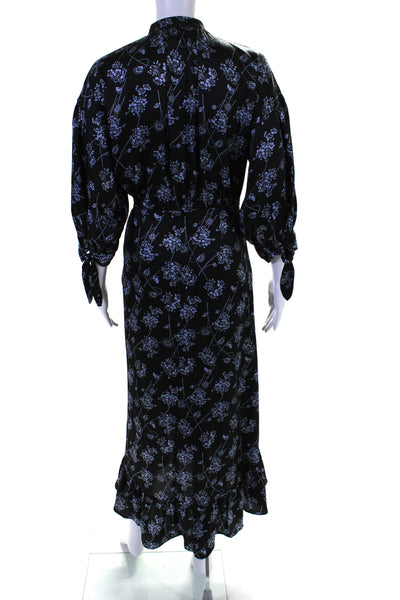 Cinq A Sept Womens Floral Print Button Down Wrap Dress Black Blue Size 6