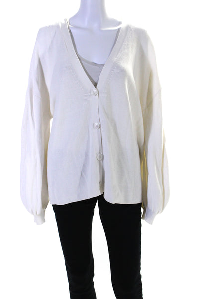 525 Womens White Ribbed Cotton V-Neck Long Sleeve Cardigan Sweater Top Size L