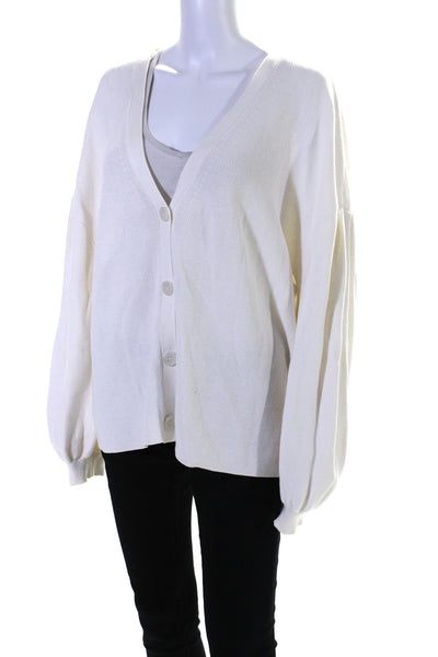 525 Womens White Ribbed Cotton V-Neck Long Sleeve Cardigan Sweater Top Size L