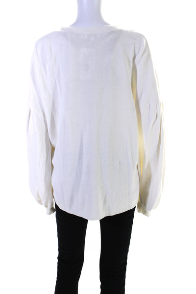 525 Womens White Ribbed Cotton V-Neck Long Sleeve Cardigan Sweater Top Size L