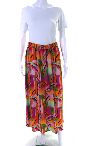 Beach Riot Womens Orange Pink Linen Floral Pull On A-Line Midi Skirt Size M