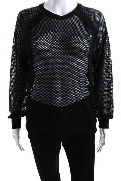 Blanc Noir Women's Round Neck Long Sleeves Mesh Blouse Black Size S