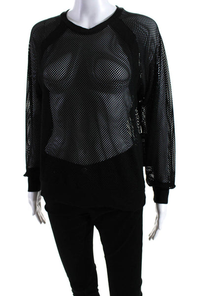 Blanc Noir Women's Round Neck Long Sleeves Mesh Blouse Black Size S