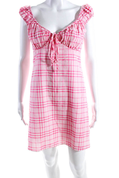 Wayf Womens Plaid Off Shoulder Tie Neck Sheath Dress Pink Size Small