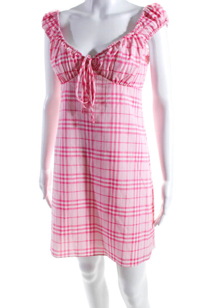 Wayf Womens Plaid Off Shoulder Tie Neck Sheath Dress Pink Size Small