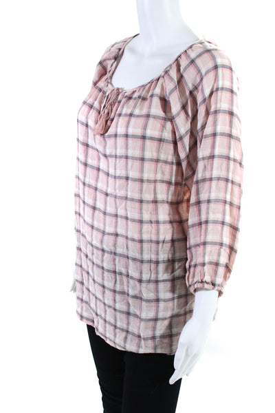 Soft Joie Women's Round Neck Tassel Long Sleeves Pink Plaid Blouse Size S