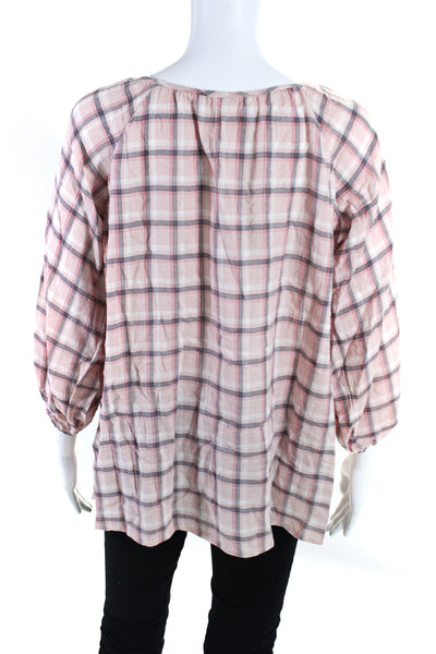 Soft Joie Women's Round Neck Tassel Long Sleeves Pink Plaid Blouse Size S