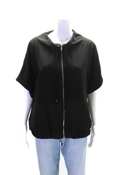 DKNY Womens Front Zip Short Sleeve Satin Trim Jacket Black Size Small