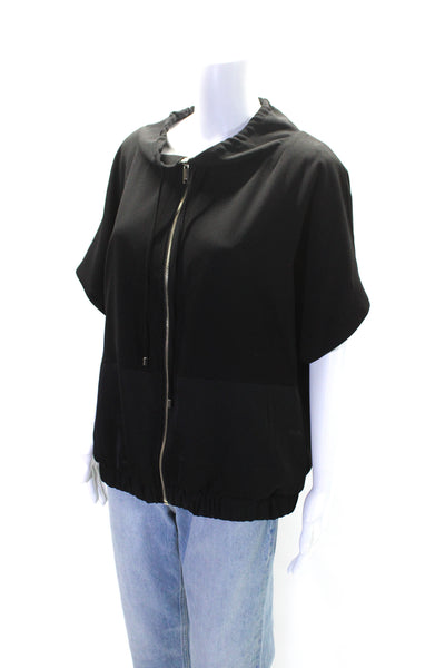 DKNY Womens Front Zip Short Sleeve Satin Trim Jacket Black Size Small