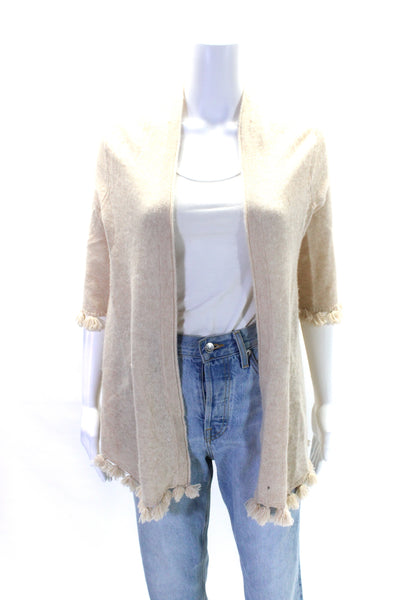 Minnie Rose Womens 3/4 Sleeve Cashmere Fringe Cardigan Sweater Brown Size XS