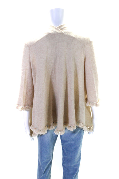 Minnie Rose Womens 3/4 Sleeve Cashmere Fringe Cardigan Sweater Brown Size XS