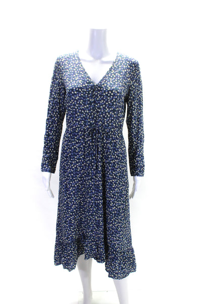 Rails Womens Blue Floral V-neck Tie Waist Long Sleeve Shift Dress Size XS