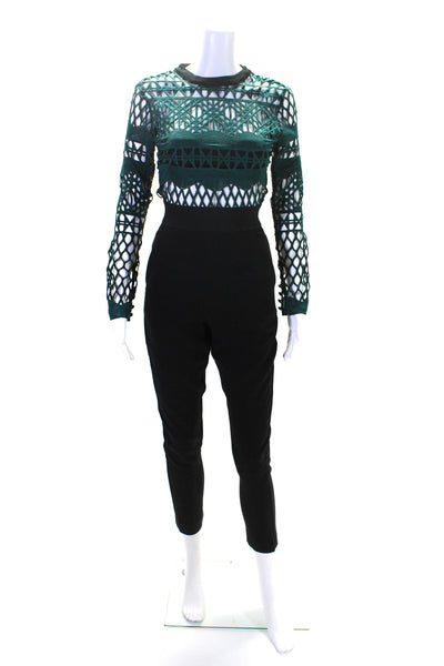 Self Portrait Women's Round Neck Mesh Long Sleeves Jumpsuit Green Black Size XS