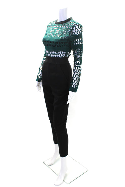 Self Portrait Women's Round Neck Mesh Long Sleeves Jumpsuit Green Black Size XS