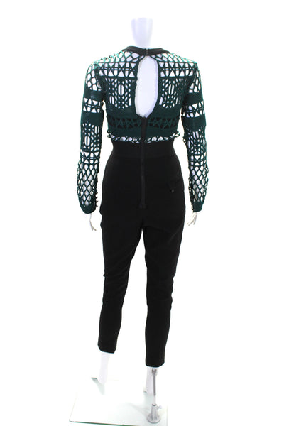 Self Portrait Women's Round Neck Mesh Long Sleeves Jumpsuit Green Black Size XS