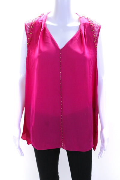 Elie Tahari Womens Sleeveless Lace Beaded Trim V Neck Silk Top Pink Size XL