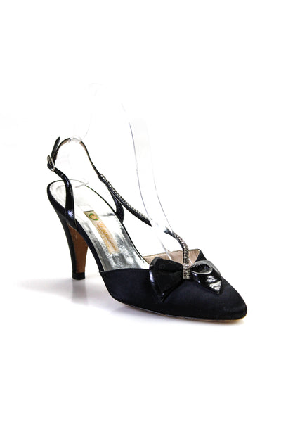 Gucci Womens Cone Heel Crystal Bow Vintage Slingback Pumps Black Satin Size 36