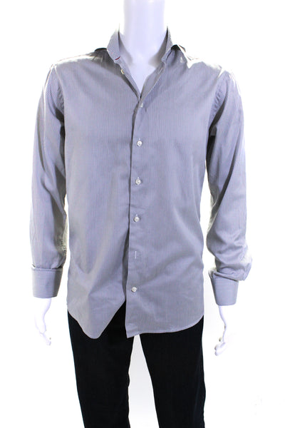 Eton Mens Striped Slim Fit Button Down Dress Shirt Gray Cotton Size 39 15.5