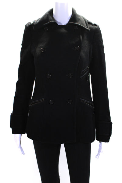 Andrew Marc Womens Double Breasted Button Down Pea Coat Black Wool Size 2