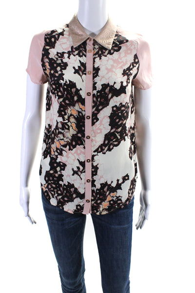 Lagi Nadeau Womens Floral Print Button Down Blouse White Pink Size Extra Small