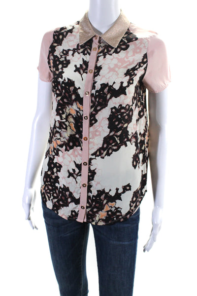 Lagi Nadeau Womens Floral Print Button Down Blouse White Pink Size Extra Small