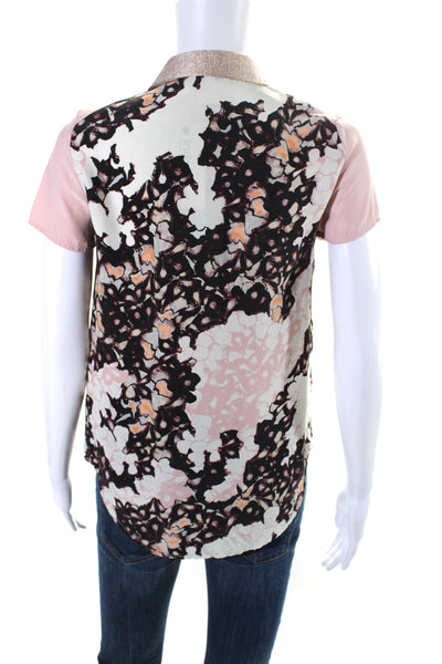 Lagi Nadeau Womens Floral Print Button Down Blouse White Pink Size Extra Small