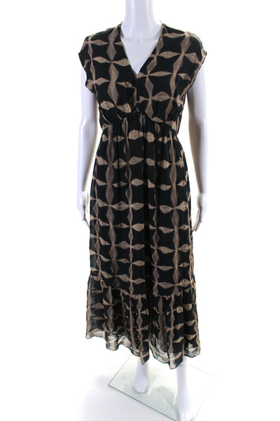 Massimo Dutti Womens Abstract Print V Neck Maxi Dress Black Beige Size Small