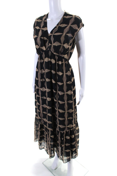 Massimo Dutti Womens Abstract Print V Neck Maxi Dress Black Beige Size Small