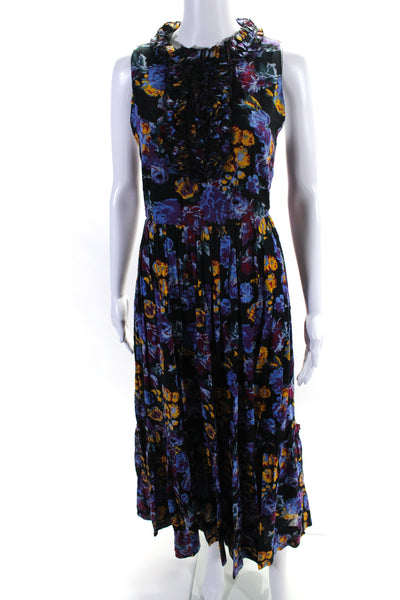 Karen Walker Womens Black Multi Floral Ruffle Sleeveless A-Line Dress Size 6