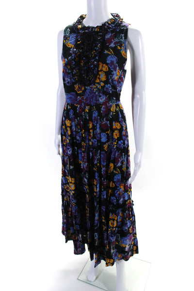 Karen Walker Womens Black Multi Floral Ruffle Sleeveless A-Line Dress Size 6