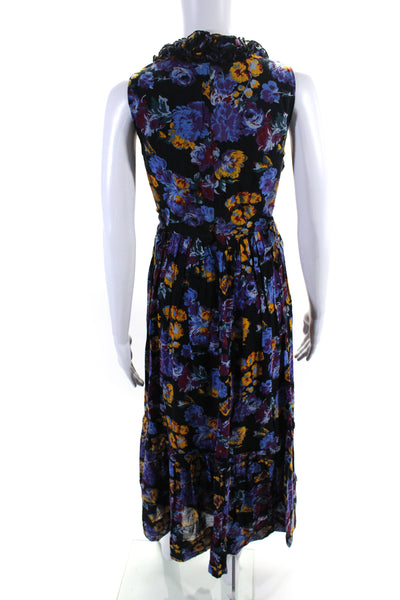 Karen Walker Womens Black Multi Floral Ruffle Sleeveless A-Line Dress Size 6