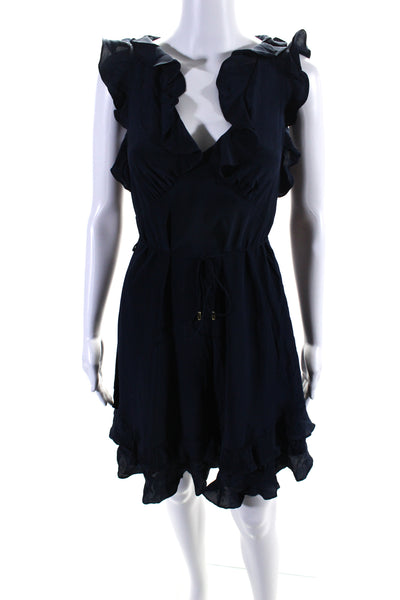 Zimmermann Womens Navy Blue Silk Ruffle V-Neck Sleeveless Shift Dress Size 0