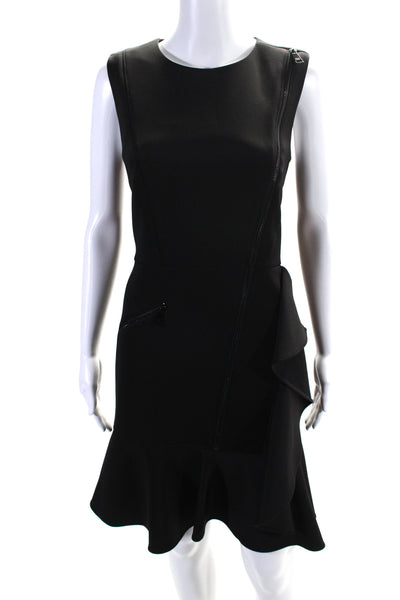 DKNY Womens Black Ruffle Crew Neck Zip Front Sleeveless Shift Dress Size 8