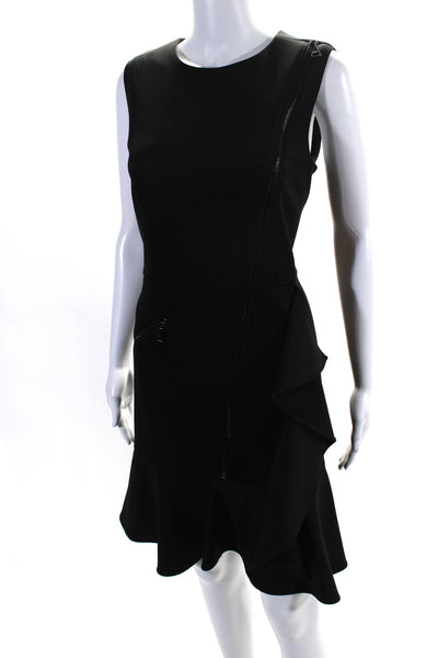 DKNY Womens Black Ruffle Crew Neck Zip Front Sleeveless Shift Dress Size 8