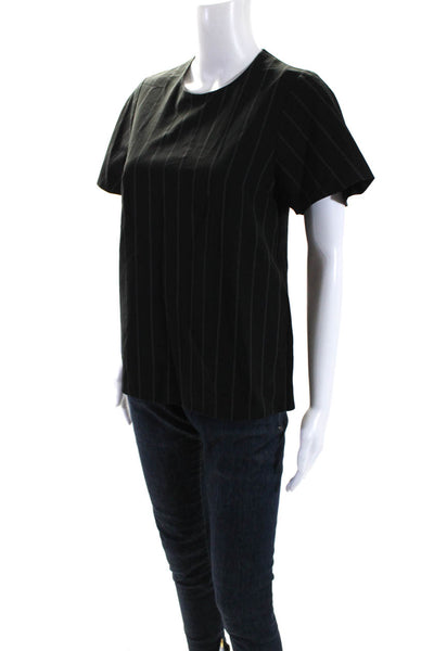 Ellery Womens Black Striped Crew Neck Zip Back Short Sleeve Blouse Top Size 2