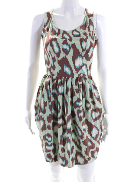 Karen Walker Womens Side Zip Sleeveless V Neck Abstract Silk Dress Green Size 2