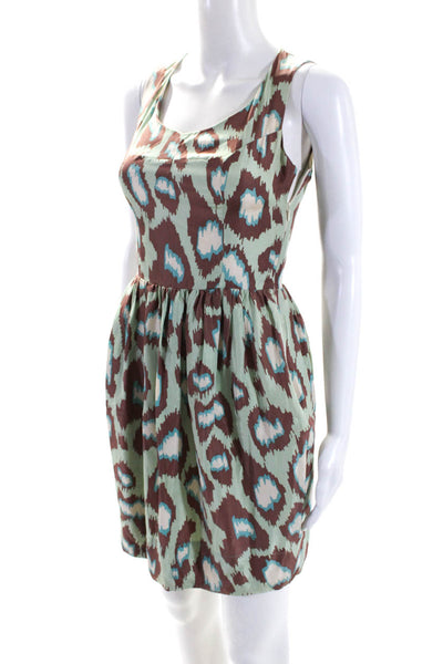 Karen Walker Womens Side Zip Sleeveless V Neck Abstract Silk Dress Green Size 2