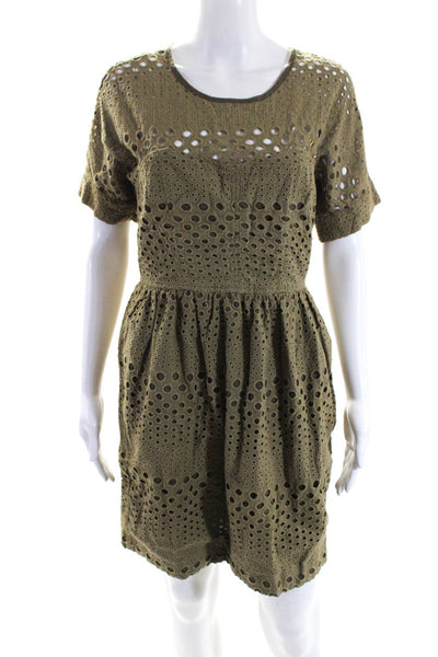 Burberry Brit Womens Back Zip Short Sleeve Crew Neck Eyelet Dress Brown Small