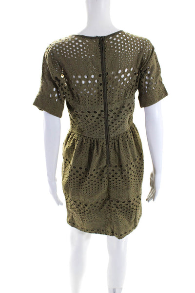 Burberry Brit Womens Back Zip Short Sleeve Crew Neck Eyelet Dress Brown Small