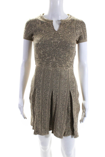 Valentino Womens Short Sleeve V Neck Knee Length Knit Dress Brown Size XS