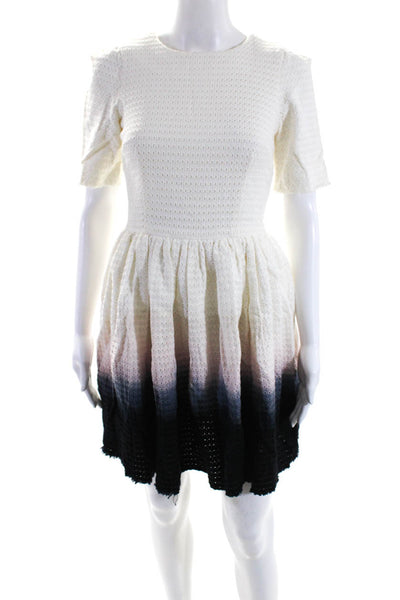 Ellery Womens Back Zip Short Sleeve Fringe Ombre Dress White Blue Cotton Size 2