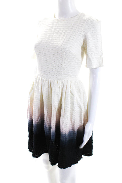 Ellery Womens Back Zip Short Sleeve Fringe Ombre Dress White Blue Cotton Size 2