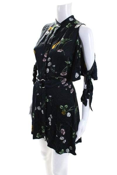 Lover Womens Button Front Cold SHoulder V Neck Floral Dress Navy Blue Size 2