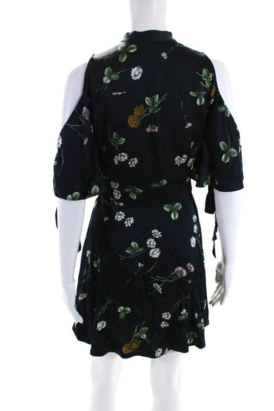 Lover Womens Button Front Cold SHoulder V Neck Floral Dress Navy Blue Size 2