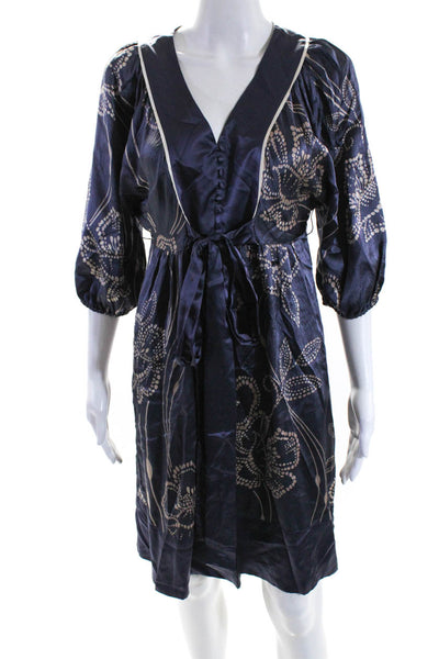 BCBGMAXAZRIA Womens Half Sleeve V Neck Printed Silk Dress Blue White Size 2XS