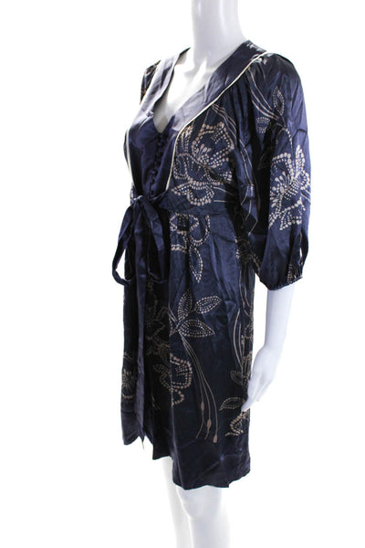 BCBGMAXAZRIA Womens Half Sleeve V Neck Printed Silk Dress Blue White Size 2XS