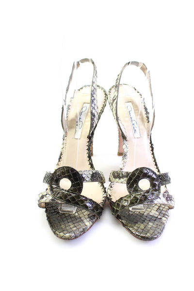 Oscar de la Renta Womens Snakeskin Slingbacks Khaki Anaconda Green Size 37 7