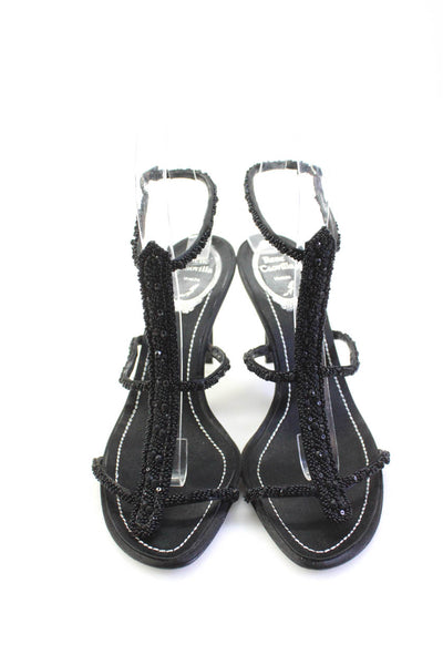 Rene Caovilla Womens Satin Beaded Ankle Strap Sandal Heels Black Size 37.5 7.5