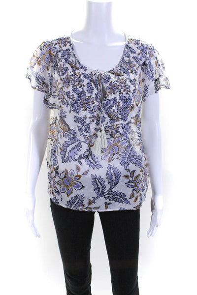 Cotelac Womens Floral Print Key Hole Neck Short Sleeves Blouse White Cotton Size